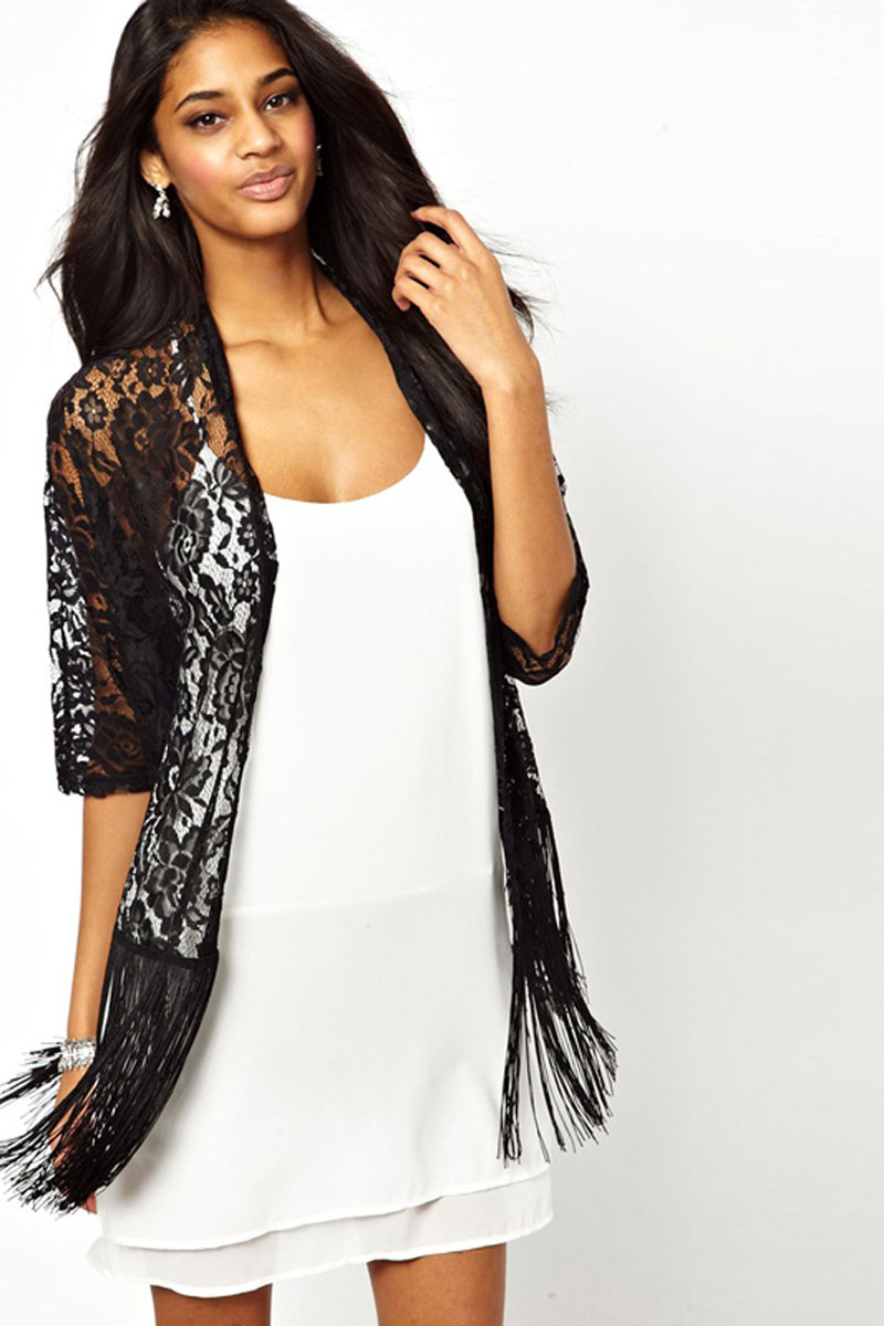 F2459 Hollow Out See Through Tassel Hem Batwing Sleeve Lace Jacket